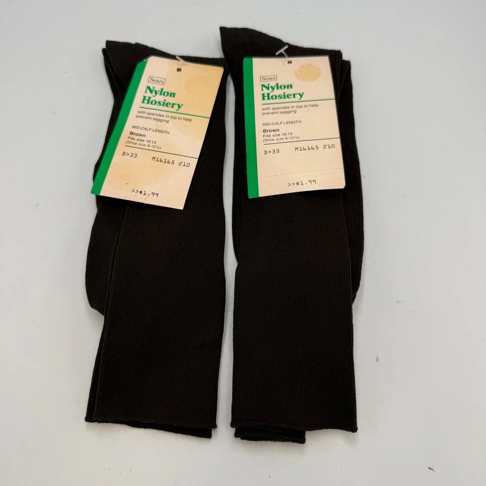 Vintage 70s Sears Men Brown Nylon Mid-Calf Dress Socks 2 Pair Made in USA